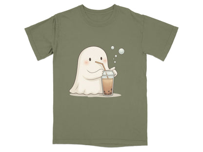 Cute Ghost Drinking Boba Tea Graphic Novelty Style T-Shirt - IconVexa