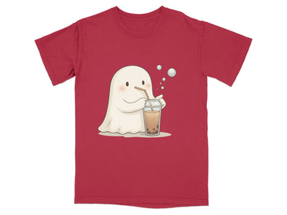 Cute Ghost Drinking Boba Tea Graphic Novelty Style T-Shirt - IconVexa
