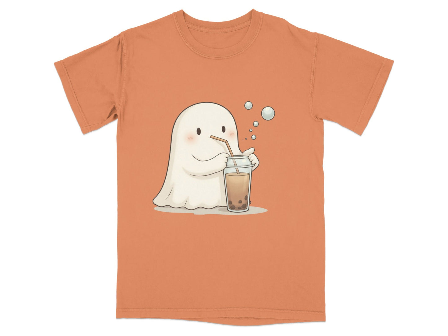Cute Ghost Drinking Boba Tea Graphic Novelty Style T-Shirt - IconVexa