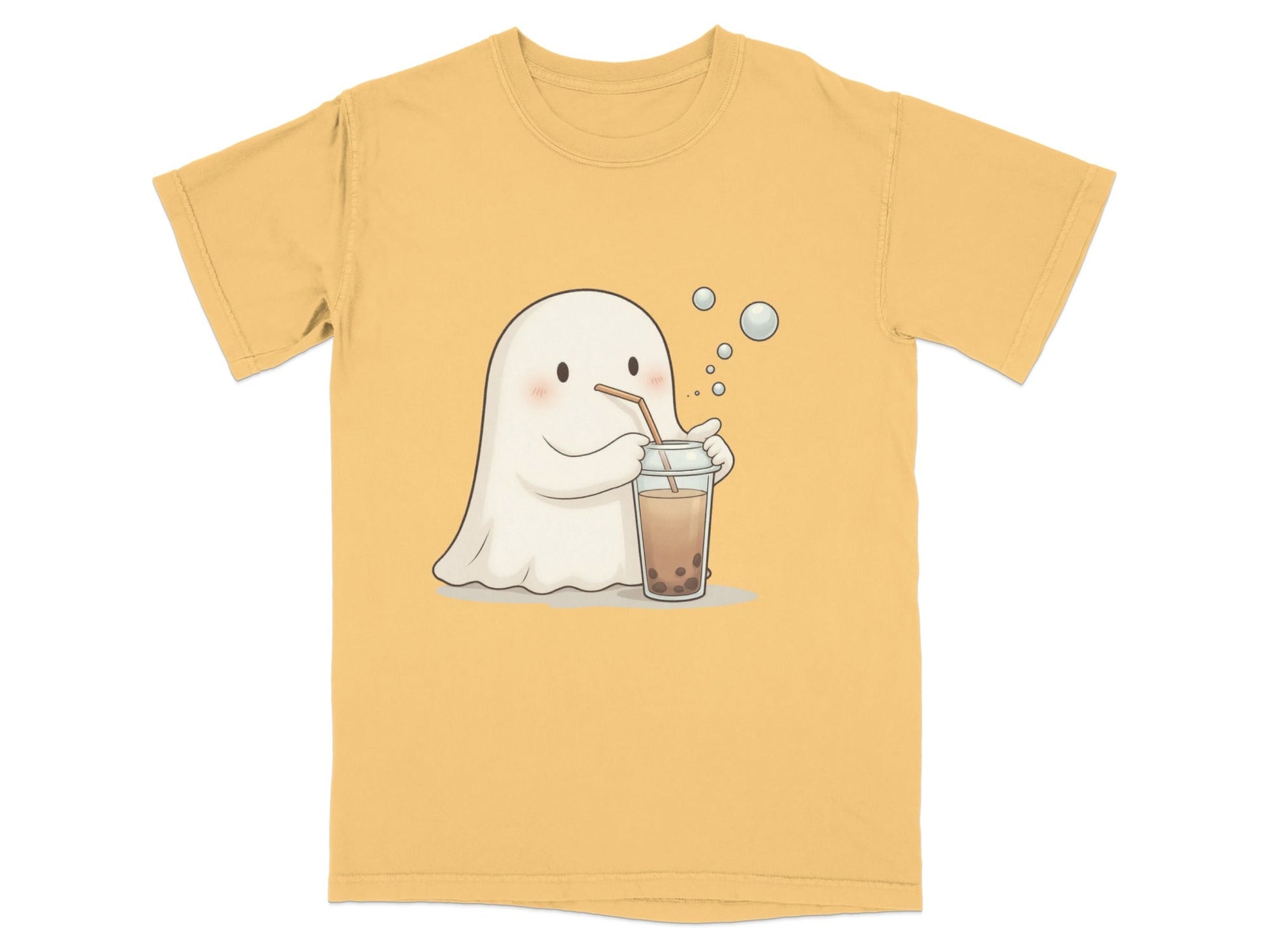 Cute Ghost Drinking Boba Tea Graphic Novelty Style T-Shirt - IconVexa