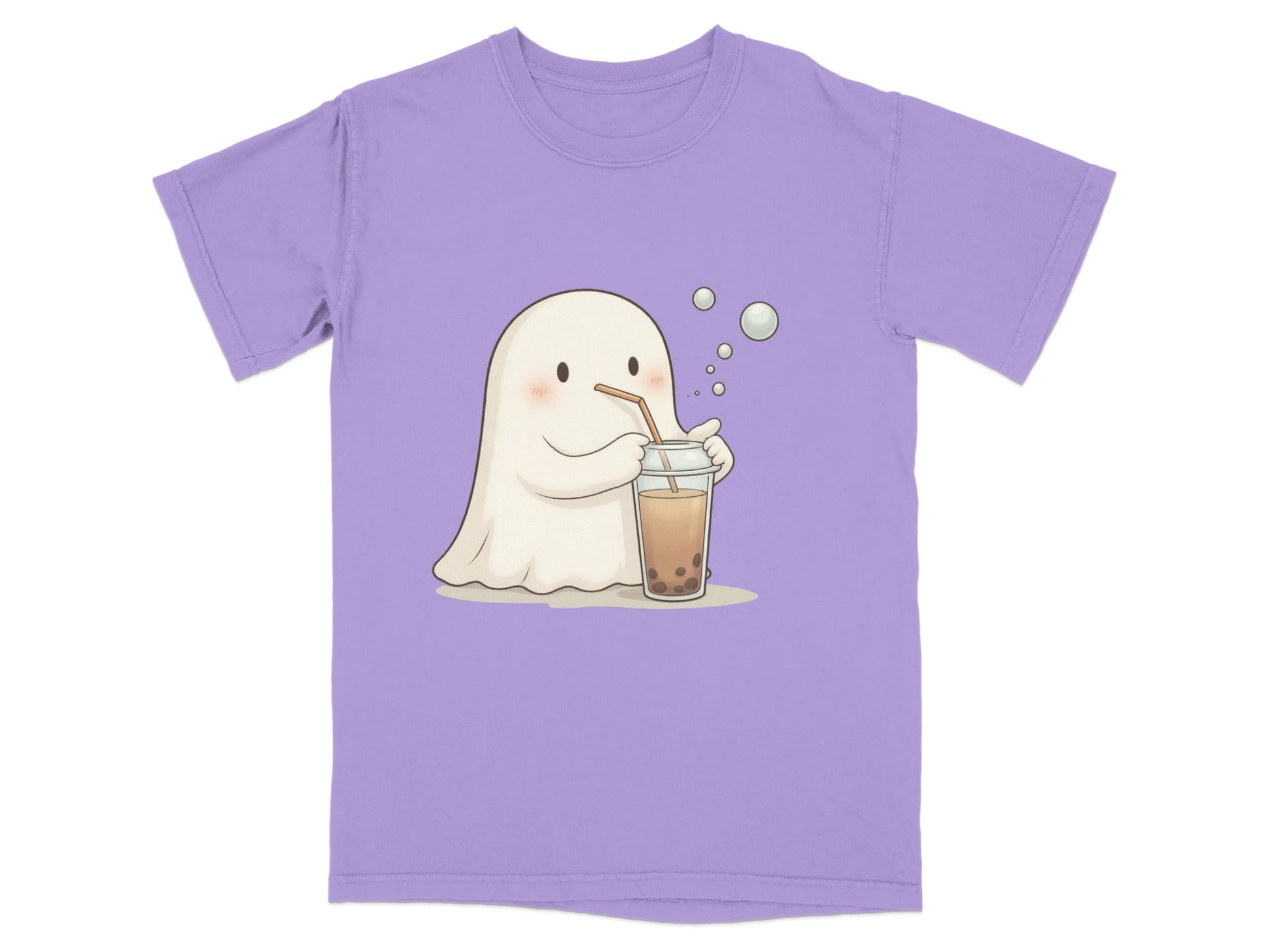 Cute Ghost Drinking Boba Tea Graphic Novelty Style T-Shirt - IconVexa