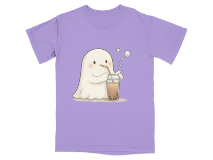 Cute Ghost Drinking Boba Tea Graphic Novelty Style T-Shirt - IconVexa