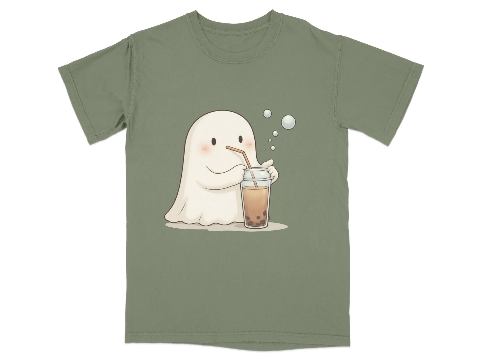 Cute Ghost Drinking Boba Tea Graphic Novelty Style T-Shirt - IconVexa