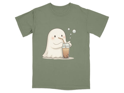 Cute Ghost Drinking Boba Tea Graphic Novelty Style T-Shirt - IconVexa