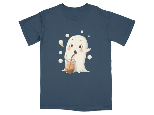Cute Ghost Drinking Boba Tea Halloween Spooky Season T-Shirt - IconVexa