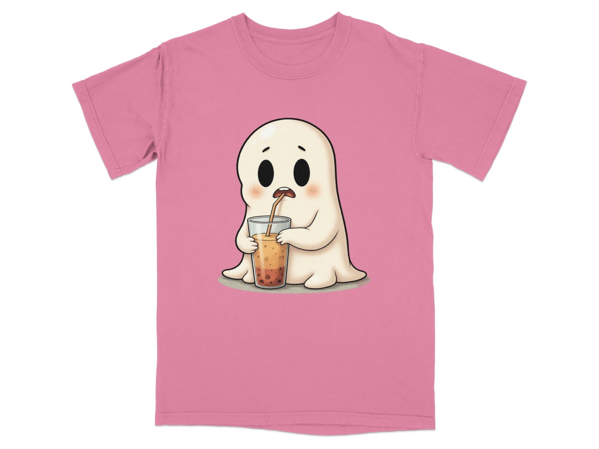 Cute Ghost Sipping Boba Tea Adorable Cartoon Art T-Shirt - IconVexa