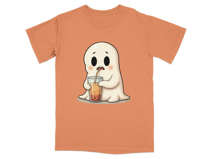 Cute Ghost Sipping Boba Tea Adorable Cartoon Art T-Shirt - IconVexa