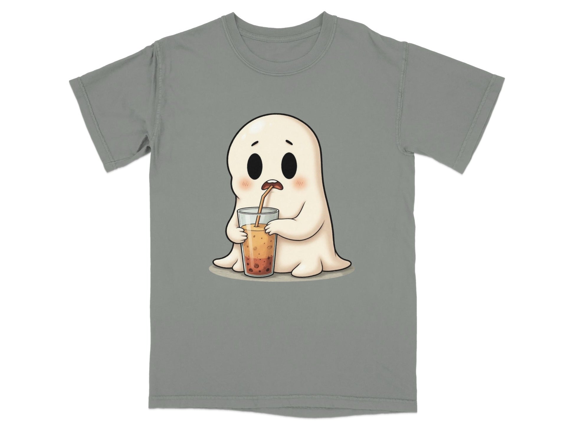 Cute Ghost Sipping Boba Tea Adorable Cartoon Art T-Shirt - IconVexa
