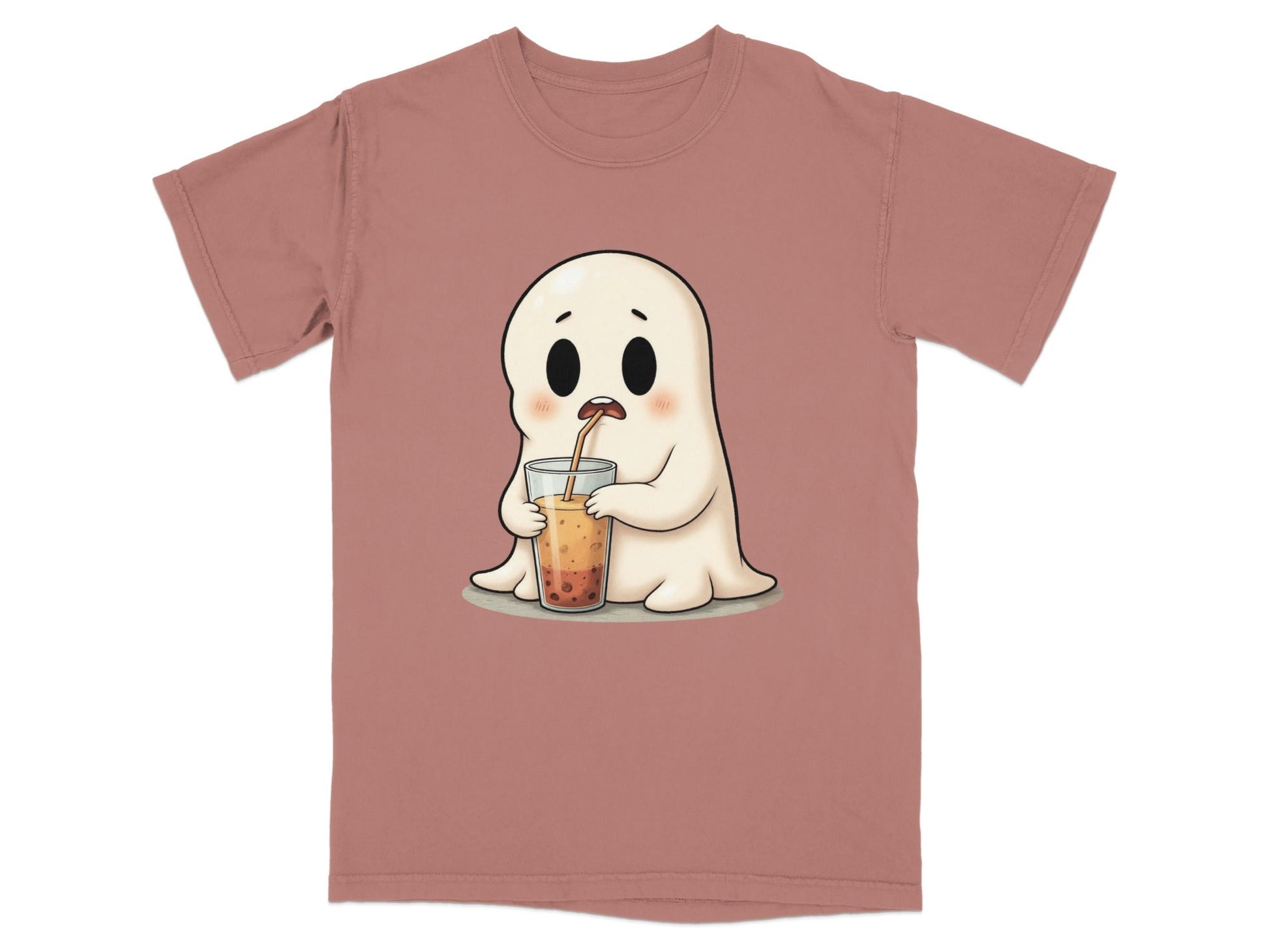 Cute Ghost Sipping Boba Tea Adorable Cartoon Art T-Shirt - IconVexa