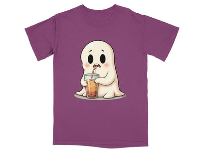 Cute Ghost Sipping Boba Tea Adorable Cartoon Art T-Shirt - IconVexa
