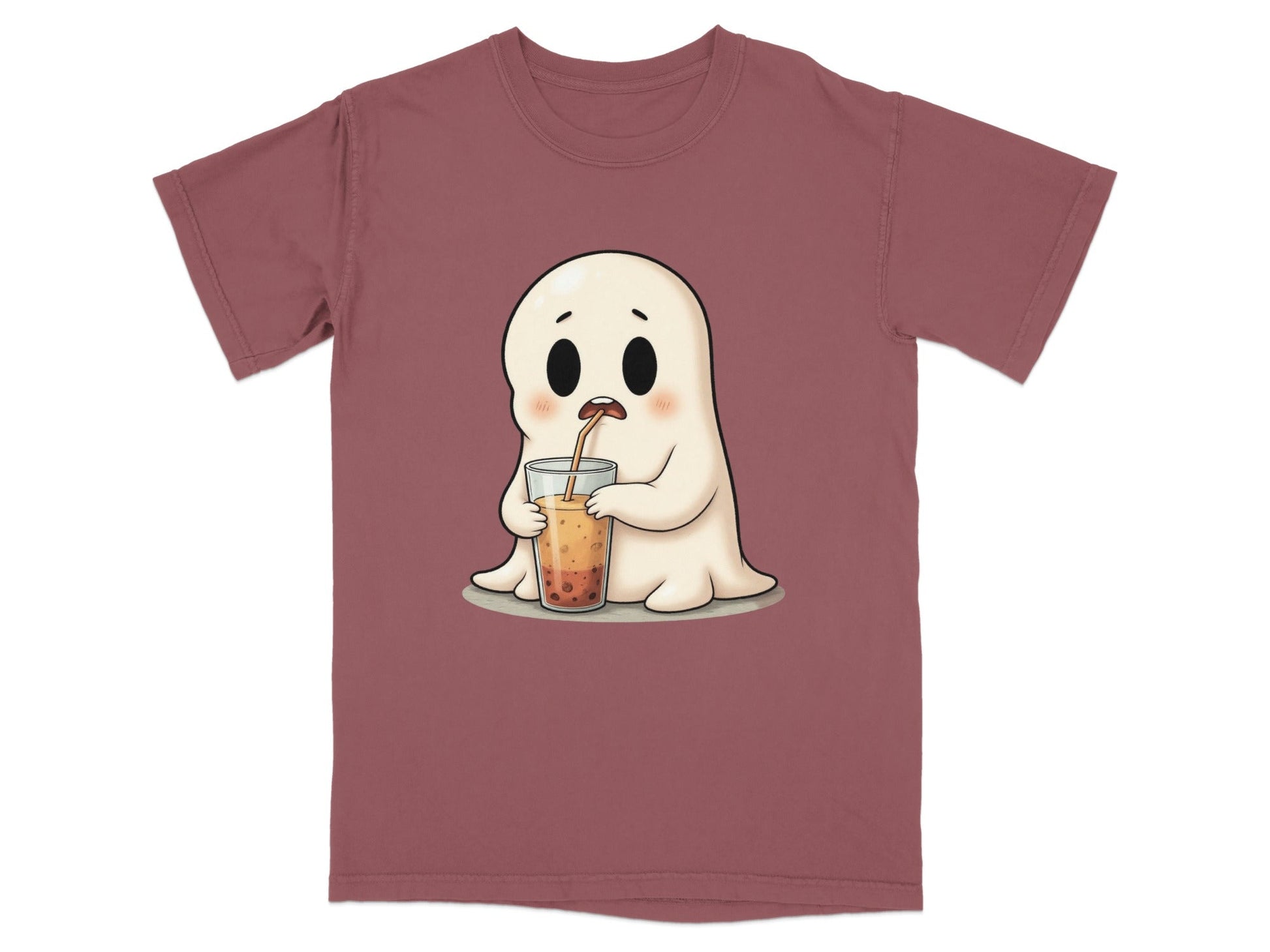 Cute Ghost Sipping Boba Tea Adorable Cartoon Art T-Shirt - IconVexa