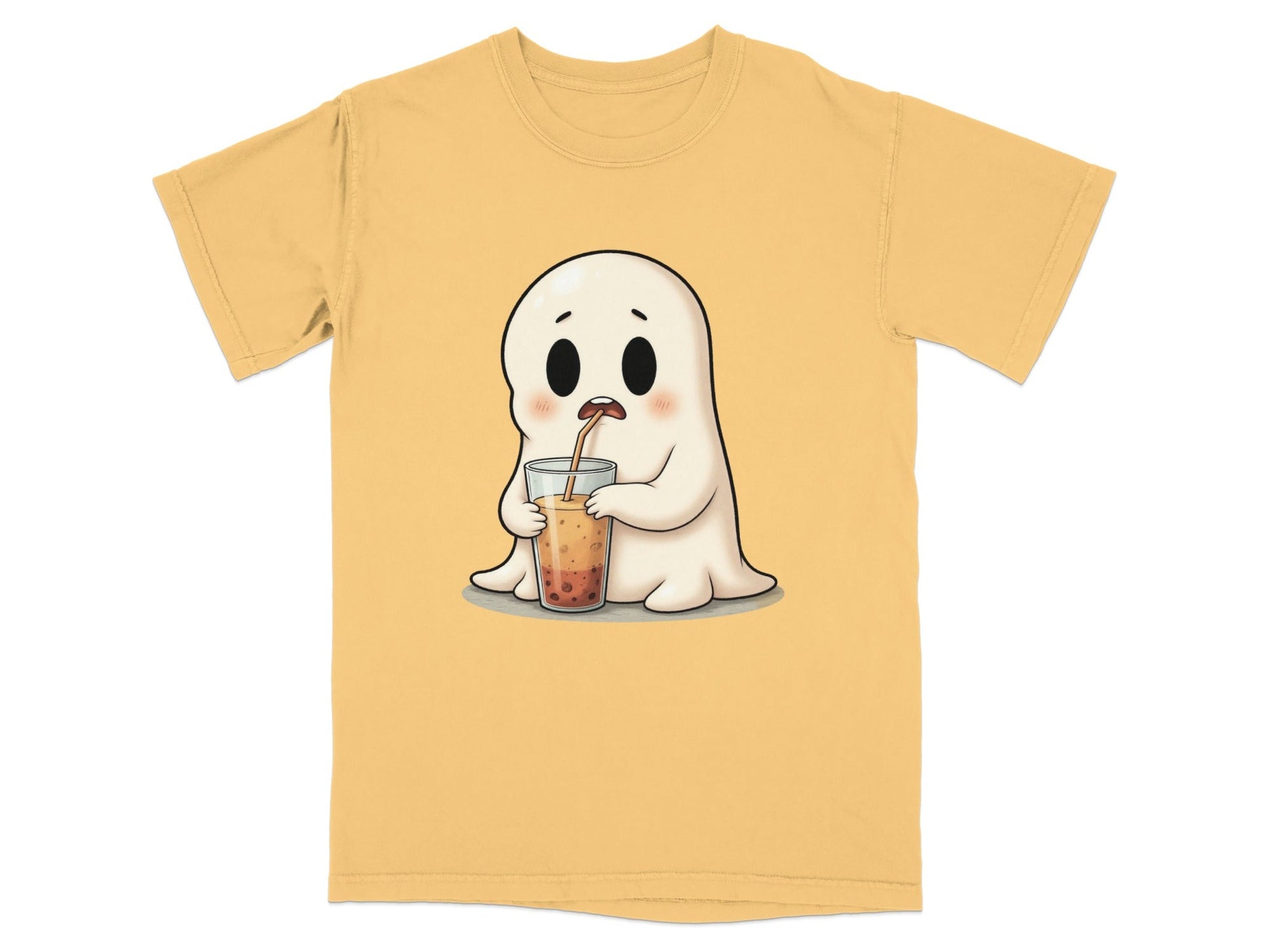 Cute Ghost Sipping Boba Tea Adorable Cartoon Art T-Shirt - IconVexa