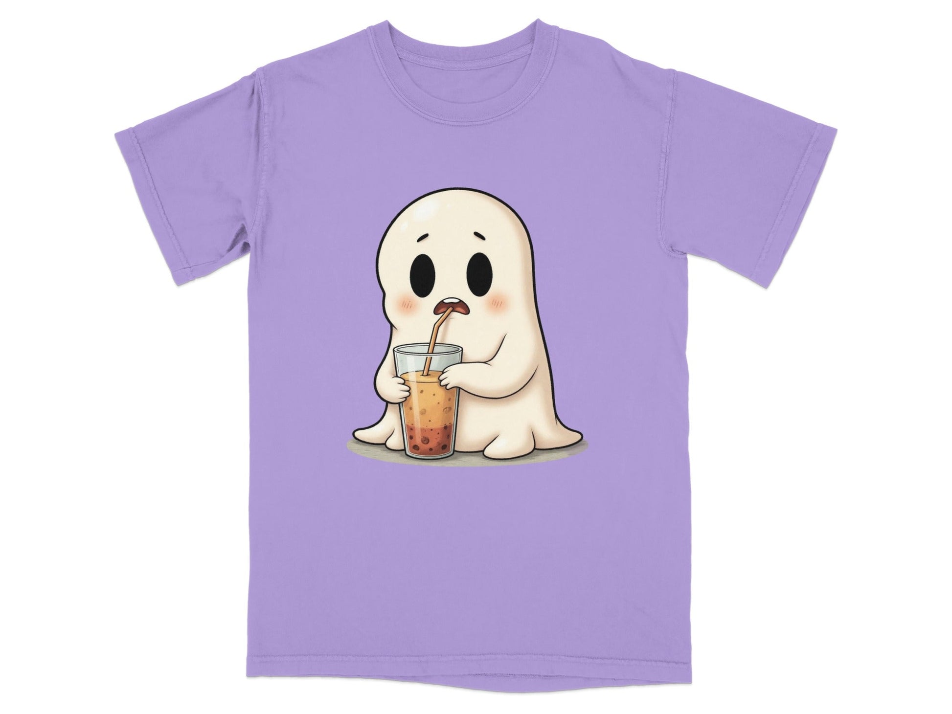 Cute Ghost Sipping Boba Tea Adorable Cartoon Art T-Shirt - IconVexa
