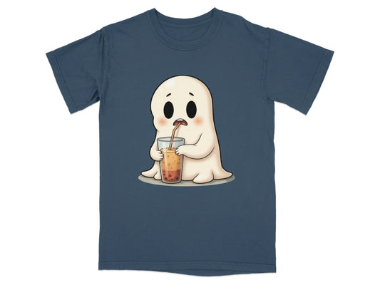 Cute Ghost Sipping Boba Tea Adorable Cartoon Art T-Shirt - IconVexa