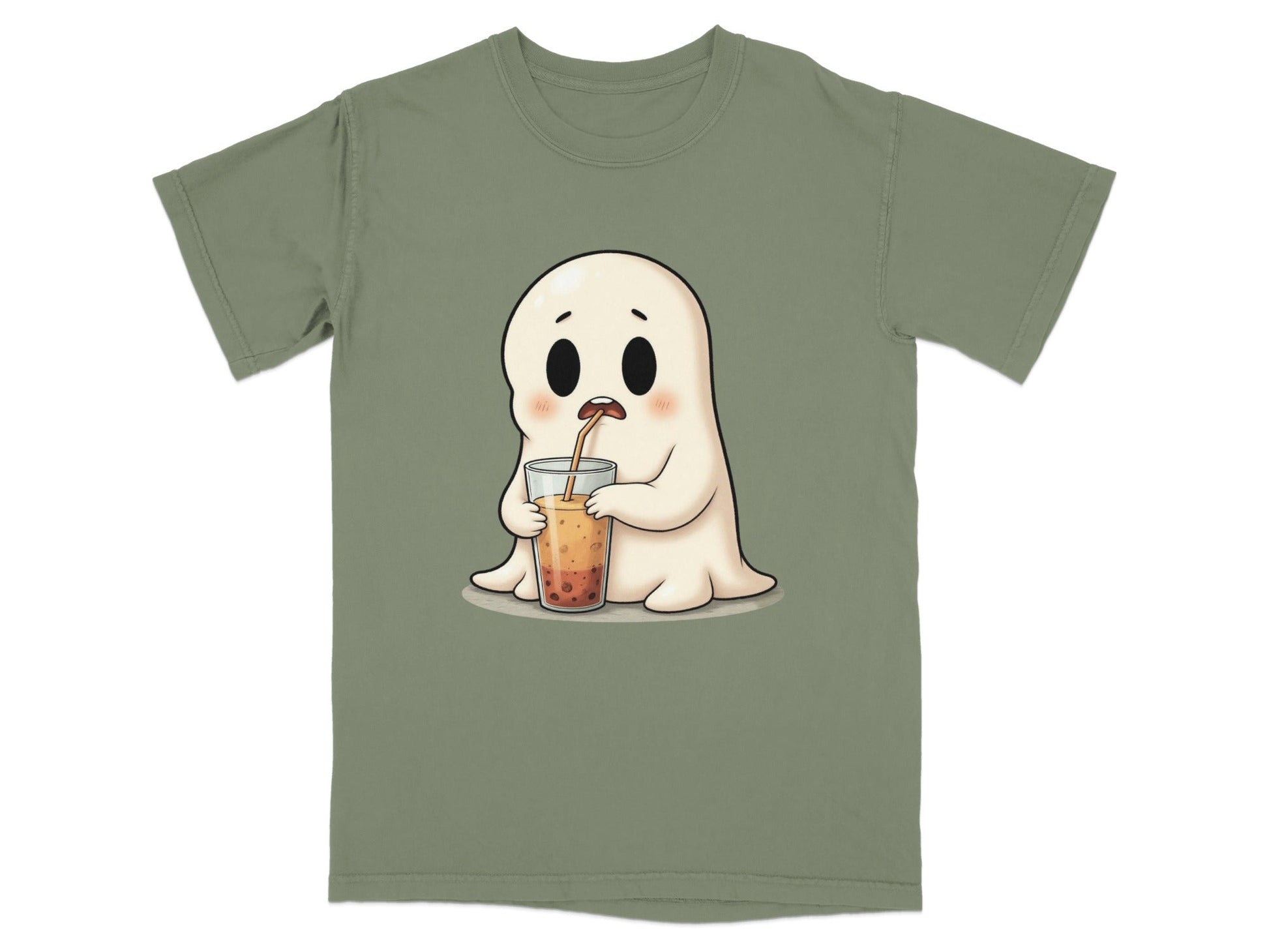 Cute Ghost Sipping Boba Tea Adorable Cartoon Art T-Shirt - IconVexa