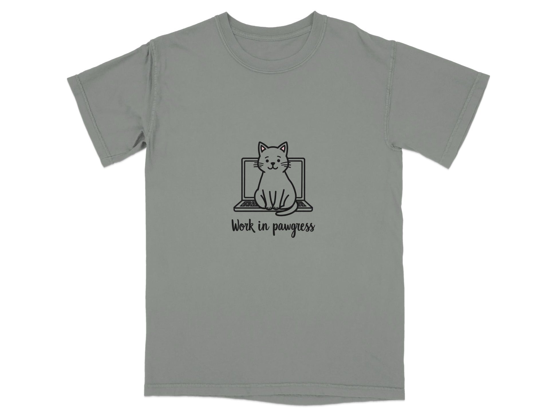 Cute Work in Pawgress Cat on Laptop Funny Work Tee T-Shirt - IconVexa