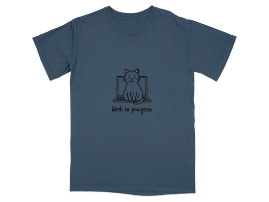 Cute Work in Pawgress Cat on Laptop Funny Work Tee T-Shirt - IconVexa