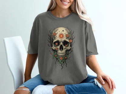 Skull Design With Flowers Printed On T-Shirt Product