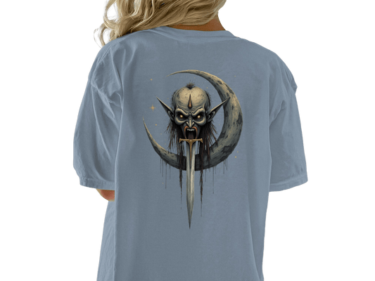 Dark Elf T-Shirt, Moon Sword Graphic Tee, Fantasy Shirt, Gothic TShirt, Unique Design, Halloween Gift Idea, Creepy Clothing, Dark Art Shirt - IconVexa