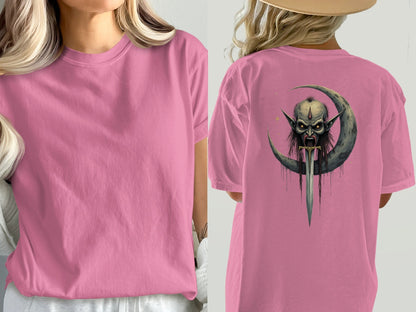 Dark Elf T-Shirt, Moon Sword Graphic Tee, Fantasy Shirt, Gothic TShirt, Unique Design, Halloween Gift Idea, Creepy Clothing, Dark Art Shirt - IconVexa
