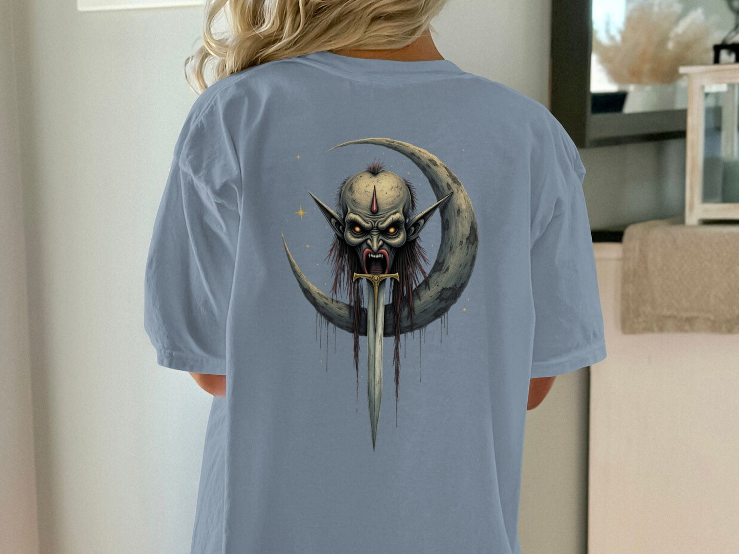 Dark Elf T-Shirt, Moon Sword Graphic Tee, Fantasy Shirt, Gothic TShirt, Unique Design, Halloween Gift Idea, Creepy Clothing, Dark Art Shirt - IconVexa