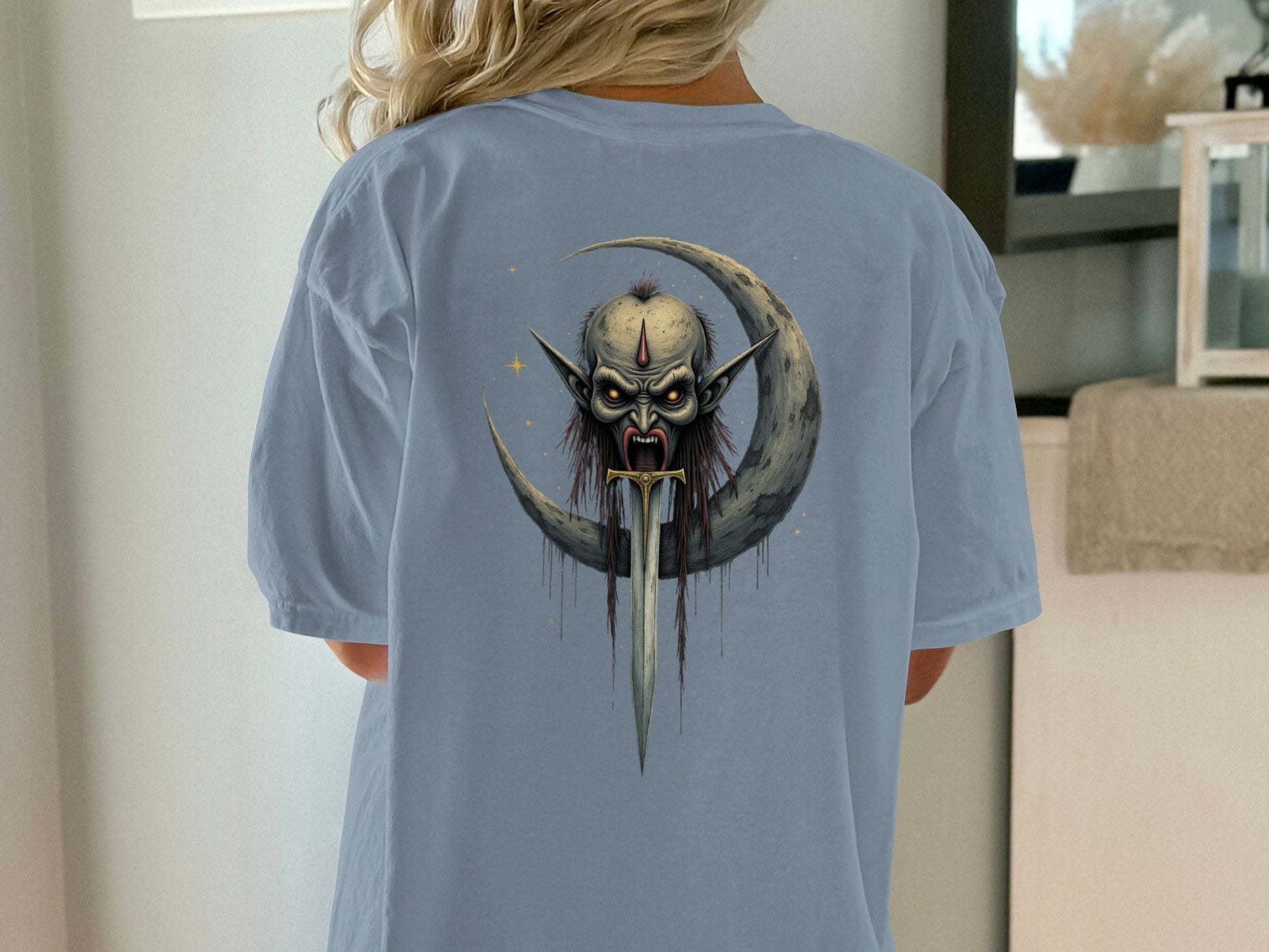 Dark Elf T-Shirt, Moon Sword Graphic Tee, Fantasy Shirt, Gothic TShirt, Unique Design, Halloween Gift Idea, Creepy Clothing, Dark Art Shirt - IconVexa