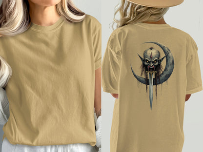 Dark Elf T-Shirt, Moon Sword Graphic Tee, Fantasy Shirt, Gothic TShirt, Unique Design, Halloween Gift Idea, Creepy Clothing, Dark Art Shirt - IconVexa