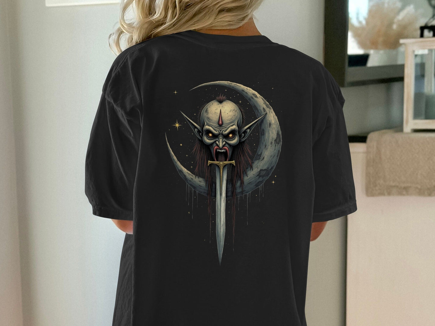 Dark Elf T-Shirt, Moon Sword Graphic Tee, Fantasy Shirt, Gothic TShirt, Unique Design, Halloween Gift Idea, Creepy Clothing, Dark Art Shirt - IconVexa