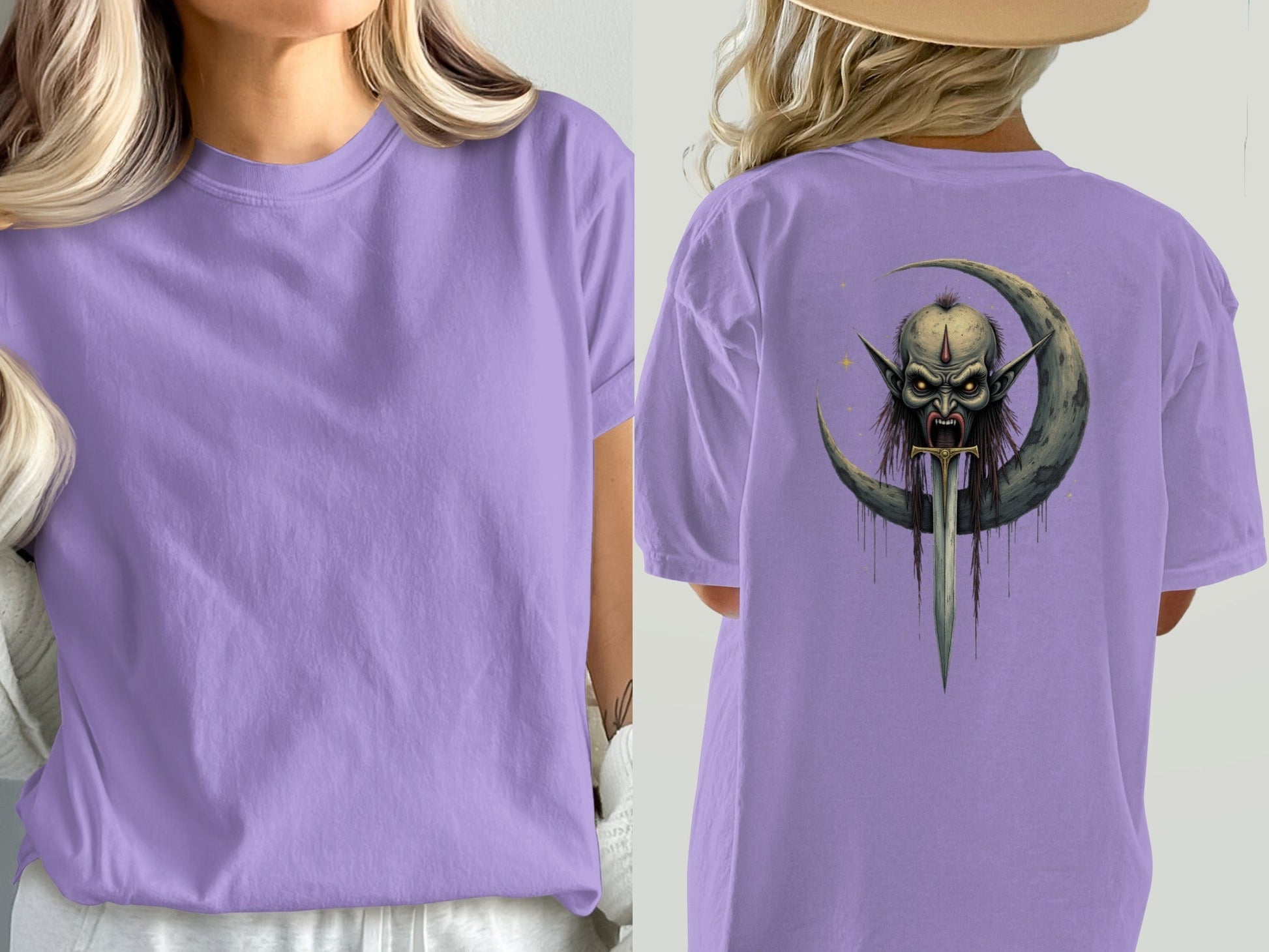 Dark Elf T-Shirt, Moon Sword Graphic Tee, Fantasy Shirt, Gothic TShirt, Unique Design, Halloween Gift Idea, Creepy Clothing, Dark Art Shirt - IconVexa