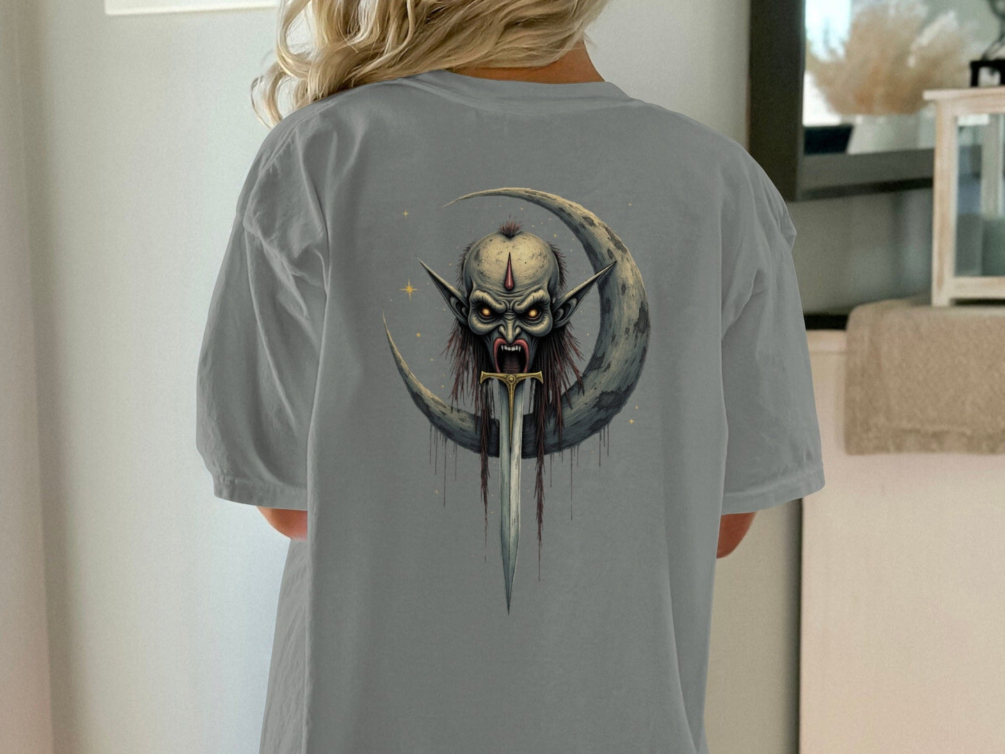 Dark Elf T-Shirt, Moon Sword Graphic Tee, Fantasy Shirt, Gothic TShirt, Unique Design, Halloween Gift Idea, Creepy Clothing, Dark Art Shirt - IconVexa