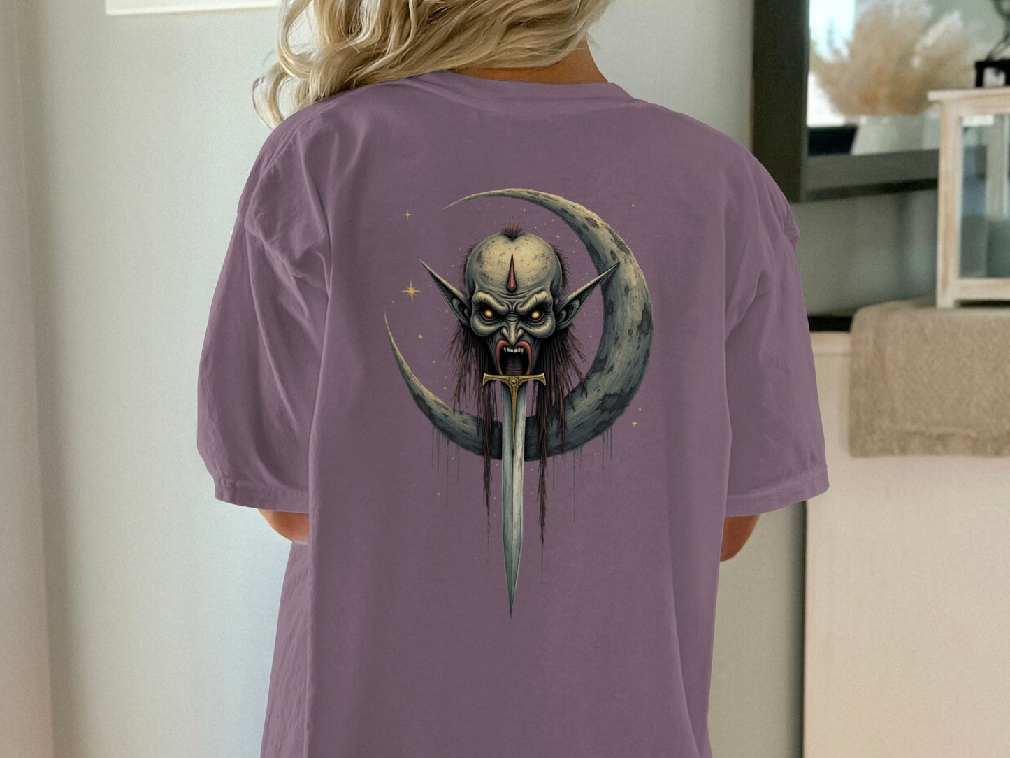 Dark Elf T-Shirt, Moon Sword Graphic Tee, Fantasy Shirt, Gothic TShirt, Unique Design, Halloween Gift Idea, Creepy Clothing, Dark Art Shirt - IconVexa