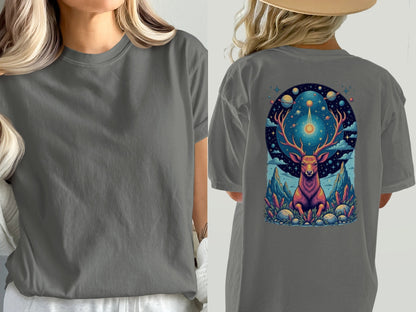 Deer in Space T-Shirt, Mystical Creature Tee, Cosmic Deer Shirt, Celestial Animal Top, Trendy Graphic T-Shirt, Unique Gift Idea, Unisex - IconVexa