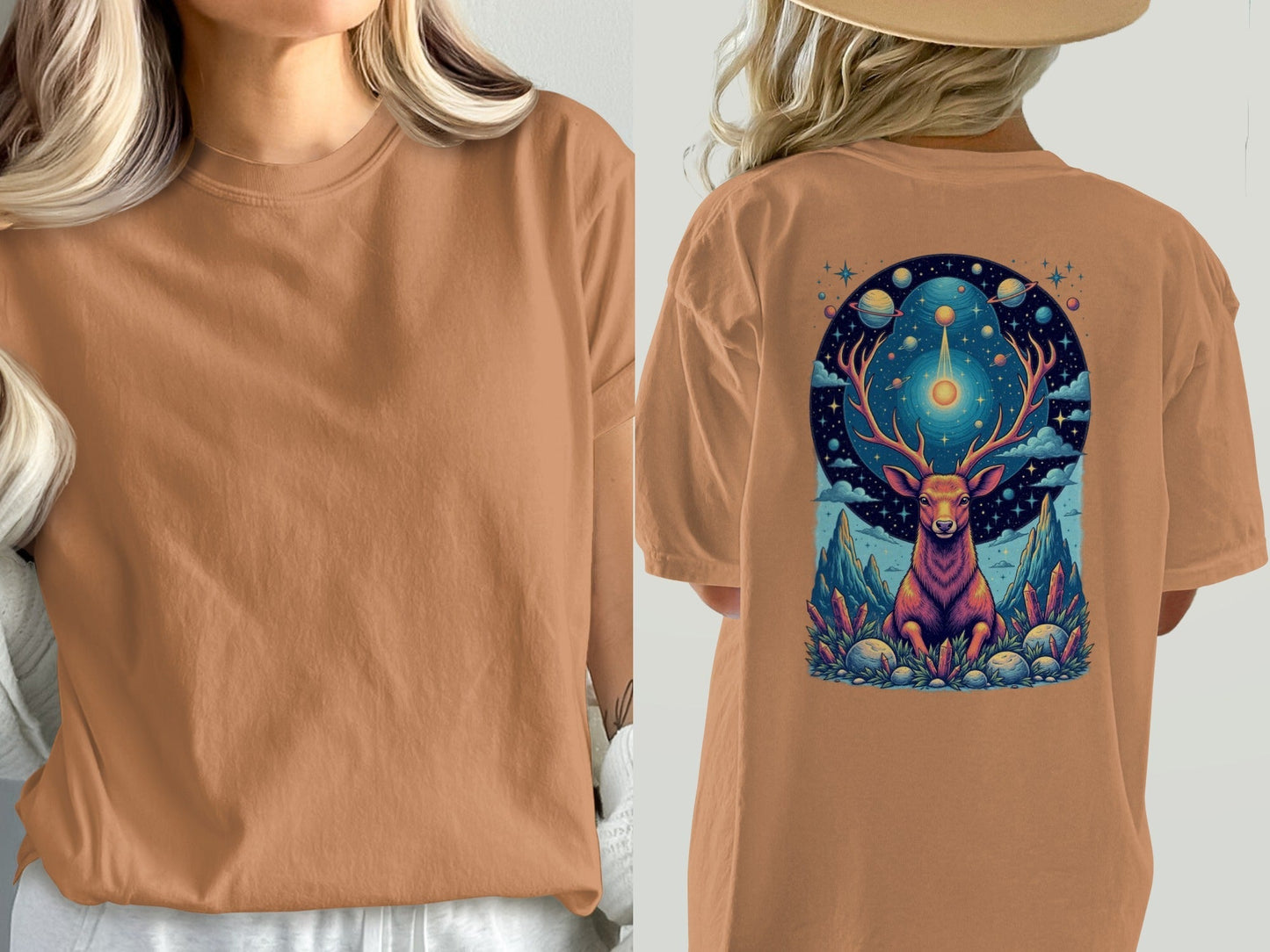 Deer in Space T-Shirt, Mystical Creature Tee, Cosmic Deer Shirt, Celestial Animal Top, Trendy Graphic T-Shirt, Unique Gift Idea, Unisex - IconVexa