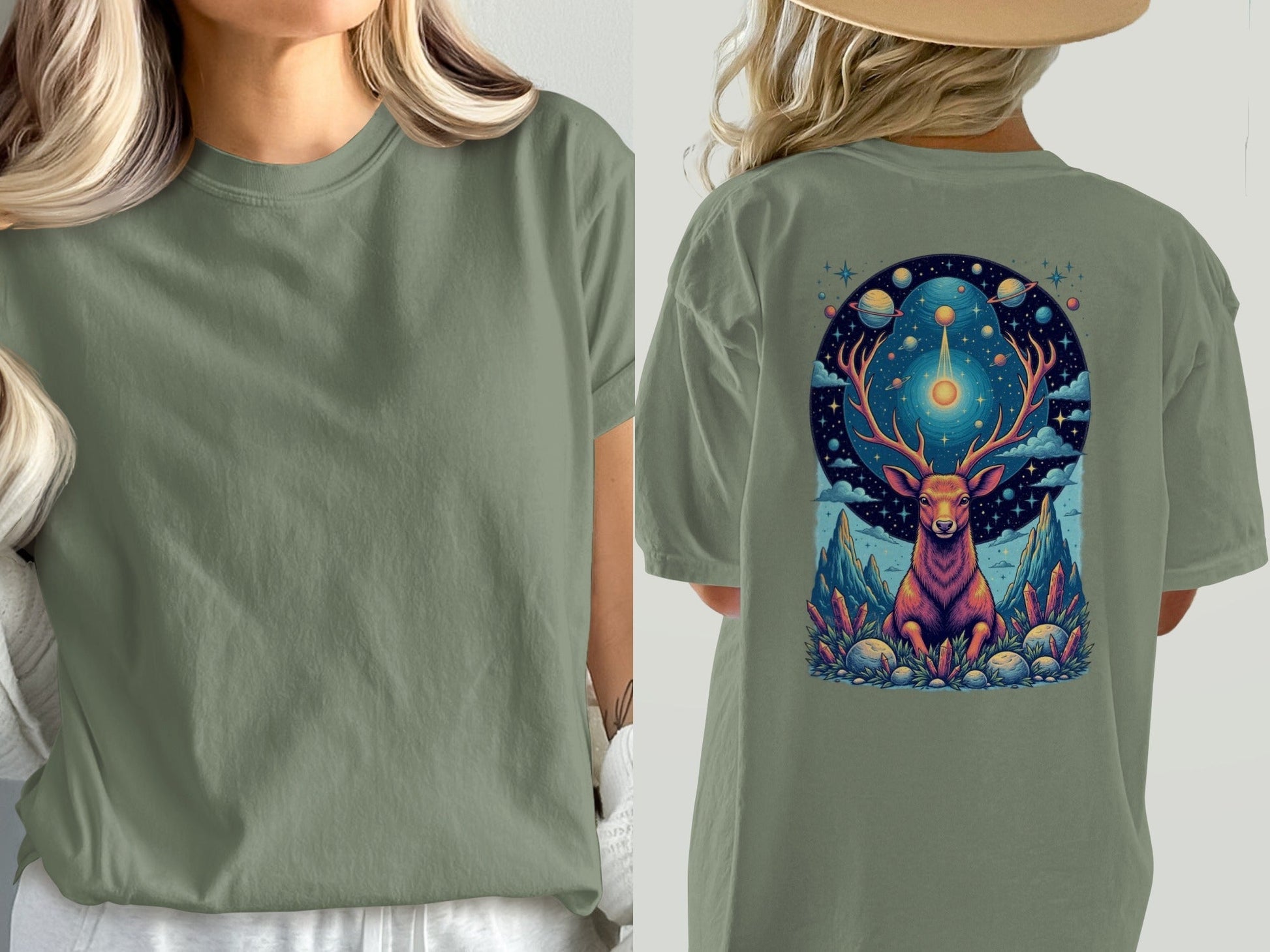 Deer in Space T-Shirt, Mystical Creature Tee, Cosmic Deer Shirt, Celestial Animal Top, Trendy Graphic T-Shirt, Unique Gift Idea, Unisex - IconVexa