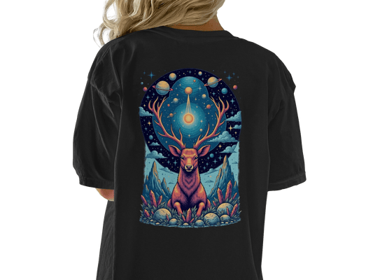 Deer in Space T-Shirt, Mystical Creature Tee, Cosmic Deer Shirt, Celestial Animal Top, Trendy Graphic T-Shirt, Unique Gift Idea, Unisex - IconVexa