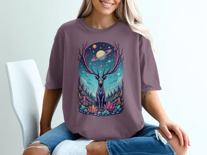 Deer Planets Space Graphic Astrology Nature Design T-Shirt - IconVexa