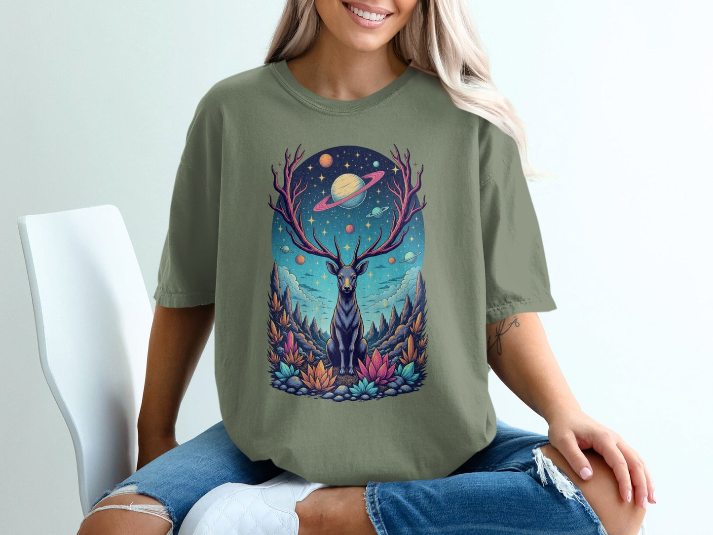 Deer Planets Space Graphic Astrology Nature Design T-Shirt - IconVexa