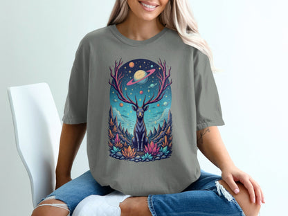 Deer Planets Space Graphic Astrology Nature Design T-Shirt - IconVexa
