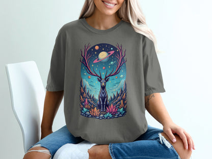 Deer Planets Space Graphic Astrology Nature Design T-Shirt - IconVexa