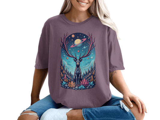 Deer Planets Space Graphic Astrology Nature Design T-Shirt - IconVexa