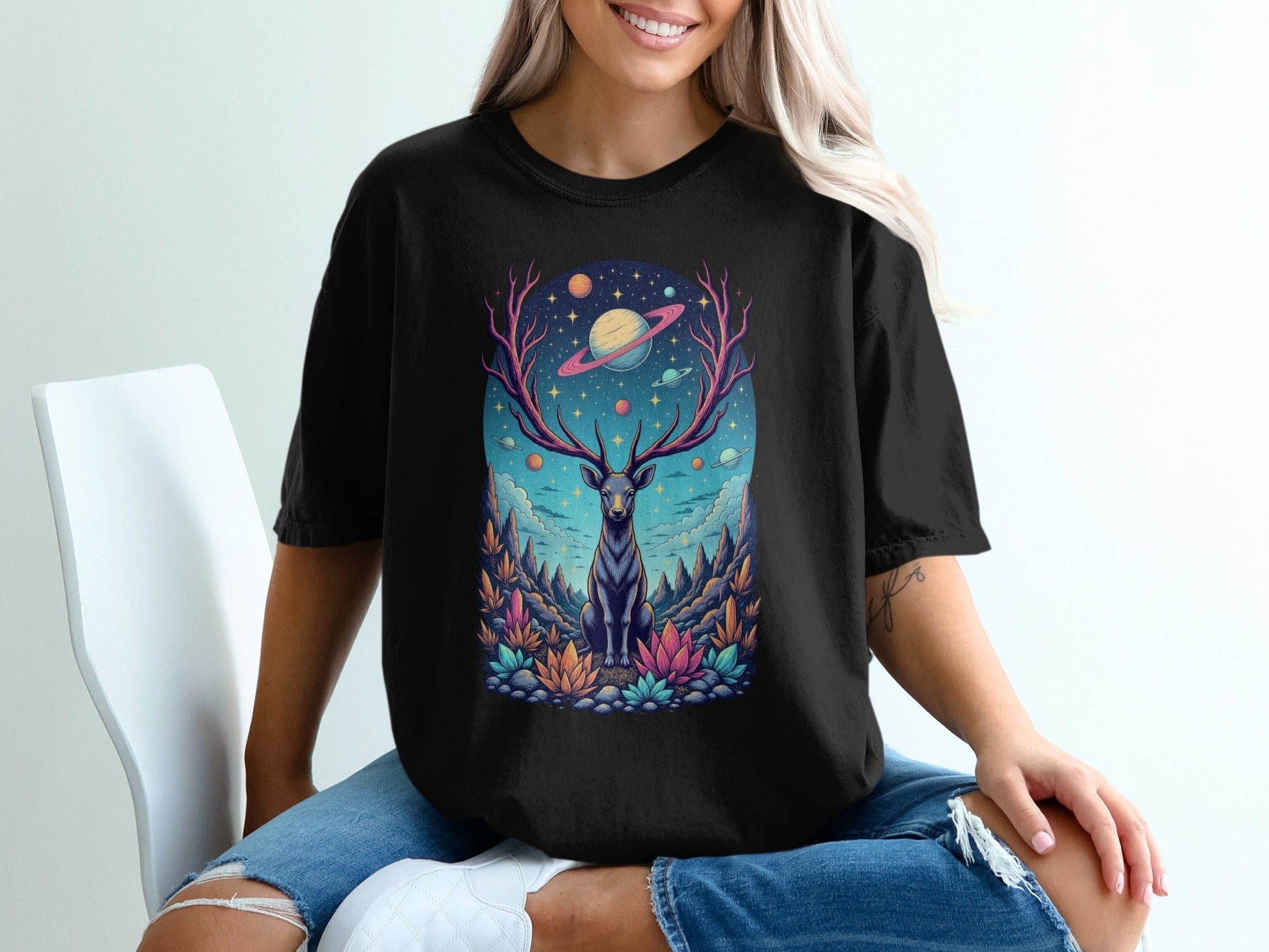 Deer Planets Space Graphic Astrology Nature Design T-Shirt - IconVexa