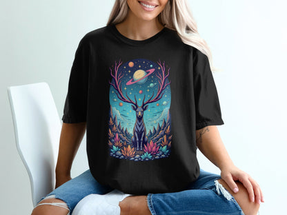 Deer Planets Space Graphic Astrology Nature Design T-Shirt - IconVexa