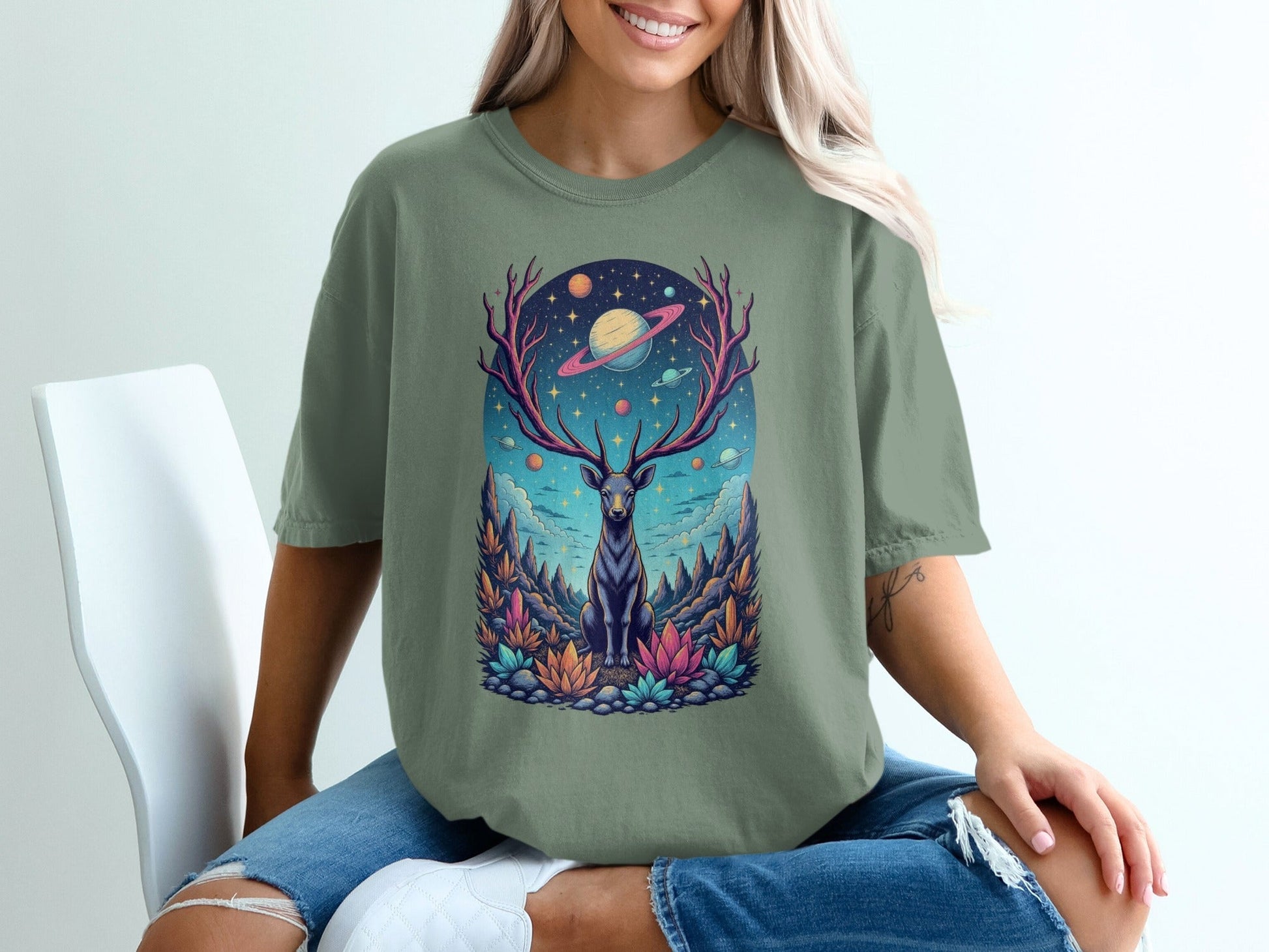 Deer Planets Space Graphic Astrology Nature Design T-Shirt - IconVexa