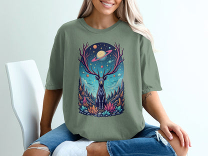Deer Planets Space Graphic Astrology Nature Design T-Shirt - IconVexa