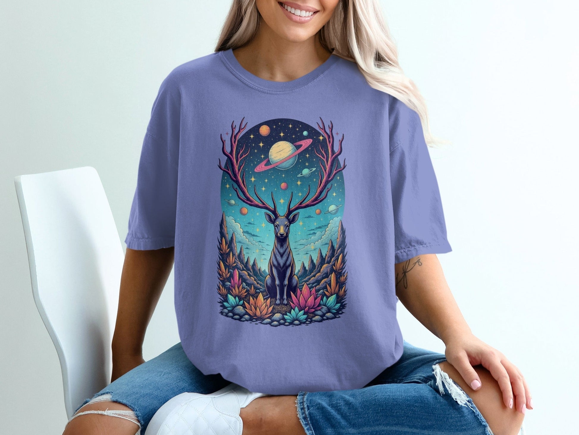 Deer Planets Space Graphic Astrology Nature Design T-Shirt - IconVexa