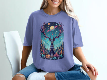 Deer Planets Space Graphic Astrology Nature Design T-Shirt - IconVexa