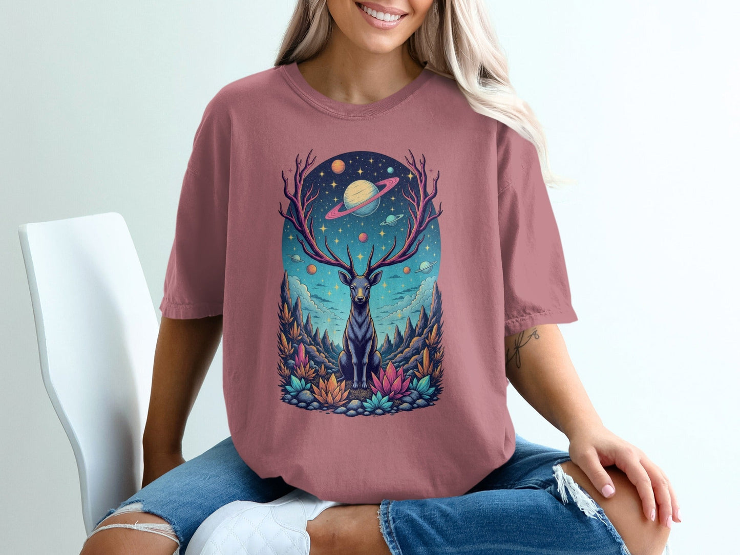 Deer Planets Space Graphic Astrology Nature Design T-Shirt - IconVexa