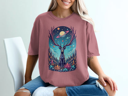Deer Planets Space Graphic Astrology Nature Design T-Shirt - IconVexa