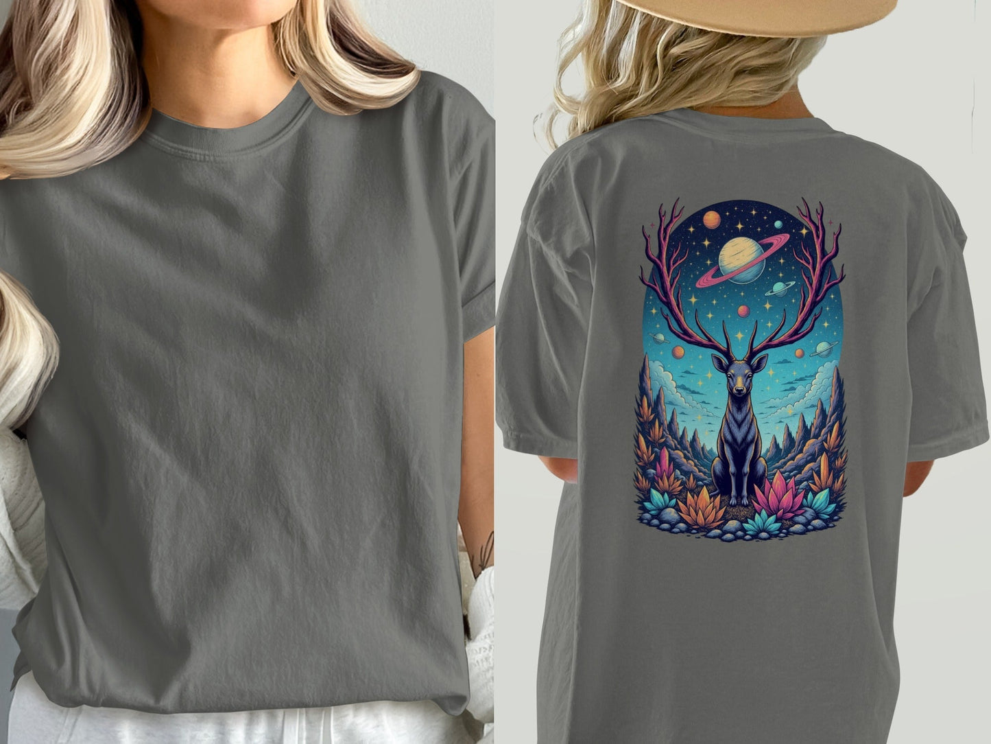 Deer Space T-Shirt, Galaxy Antlers, Mystical Stag Tee, Celestial Graphic Shirt, Gift for Nature Lovers, Universe Design, Trendy Unisex - IconVexa