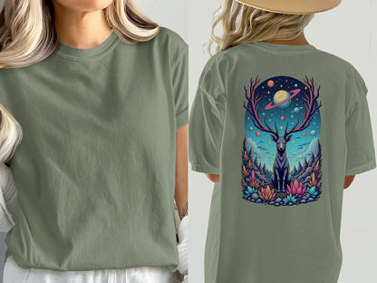 Deer Space T-Shirt, Galaxy Antlers, Mystical Stag Tee, Celestial Graphic Shirt, Gift for Nature Lovers, Universe Design, Trendy Unisex - IconVexa